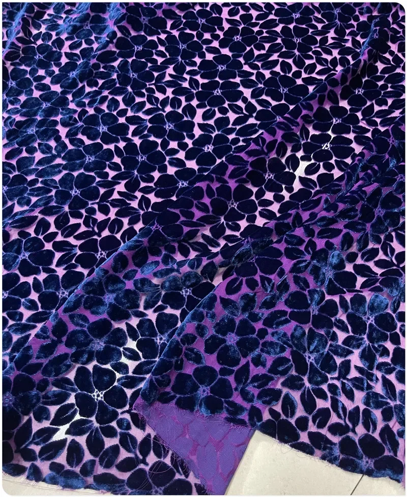 Magenta Blue Floral Hollow Silk Velvet Mulberry Silk Cotton Velvet Fabric for Dresses, Qipao, Shirts, and Short Sleeves