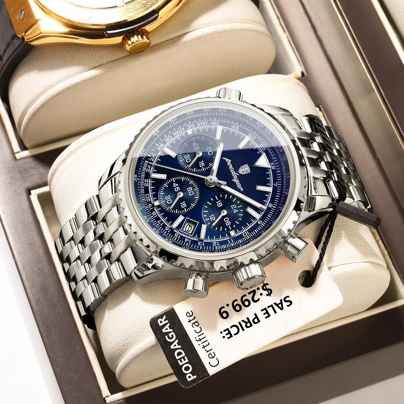 POEDAGAR Business Man Watch Chronograph Date Waterproof Luminous Men's Watches Stainless Steel Trendy Quartz Male Wristwatch+Box