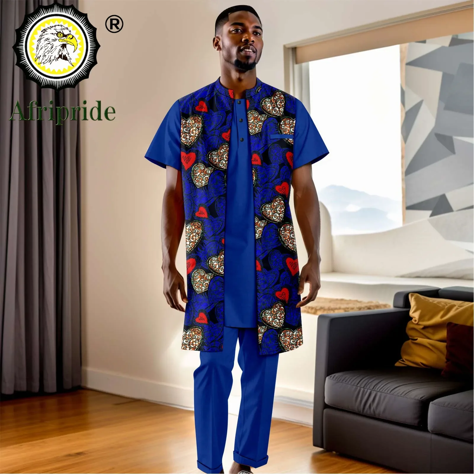 African Clothes for Men Print Jacket Short Sleeve Shirts and Pants 3 Piece Set Dashiki Outfits Plus Size Casual Attire A2316094