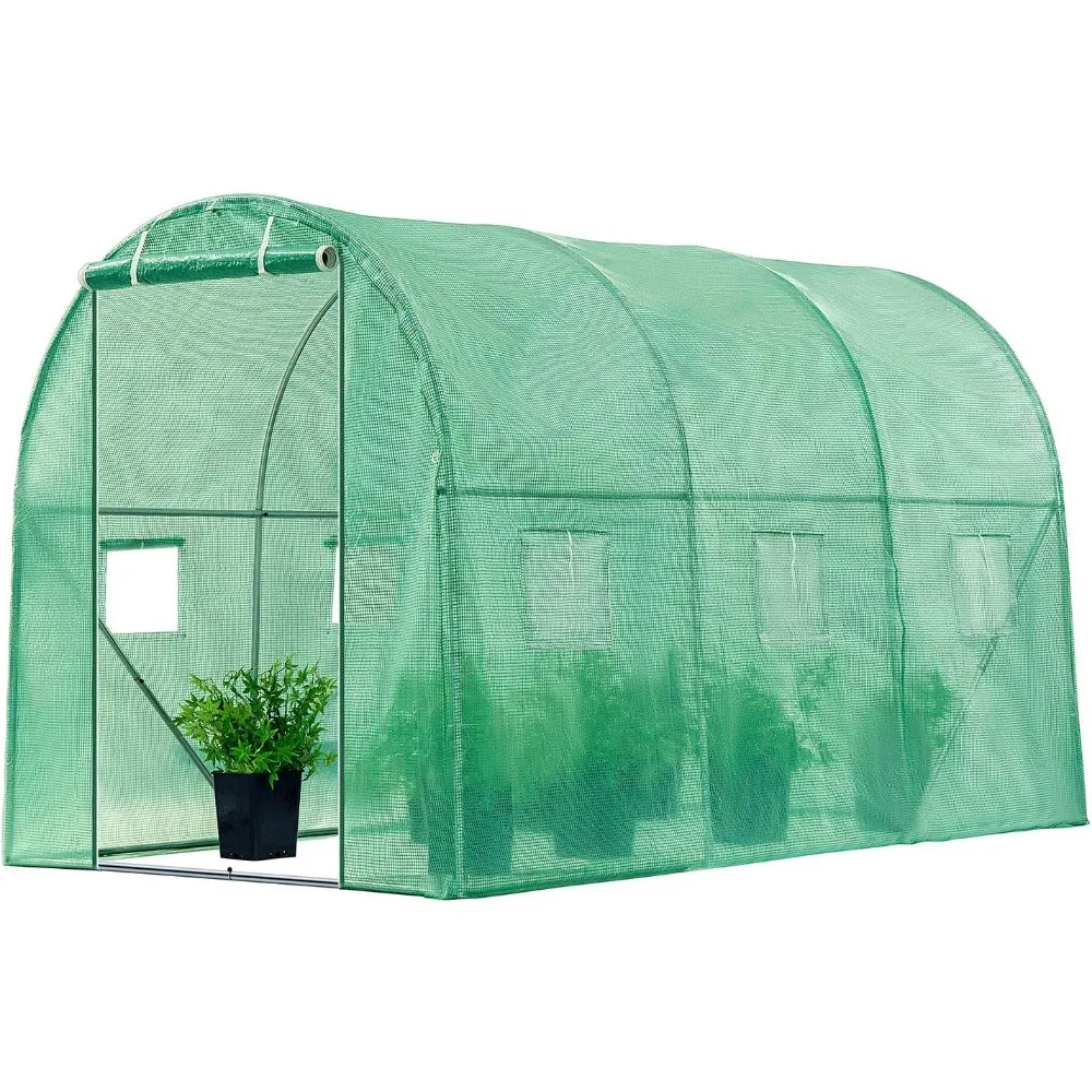

10x7x7 Ft. Large Walk in Greenhouse, Greenhouse Tunnel, Garden Plant Hot House with Green PE Cover, Roll-up Zipper Door and Win