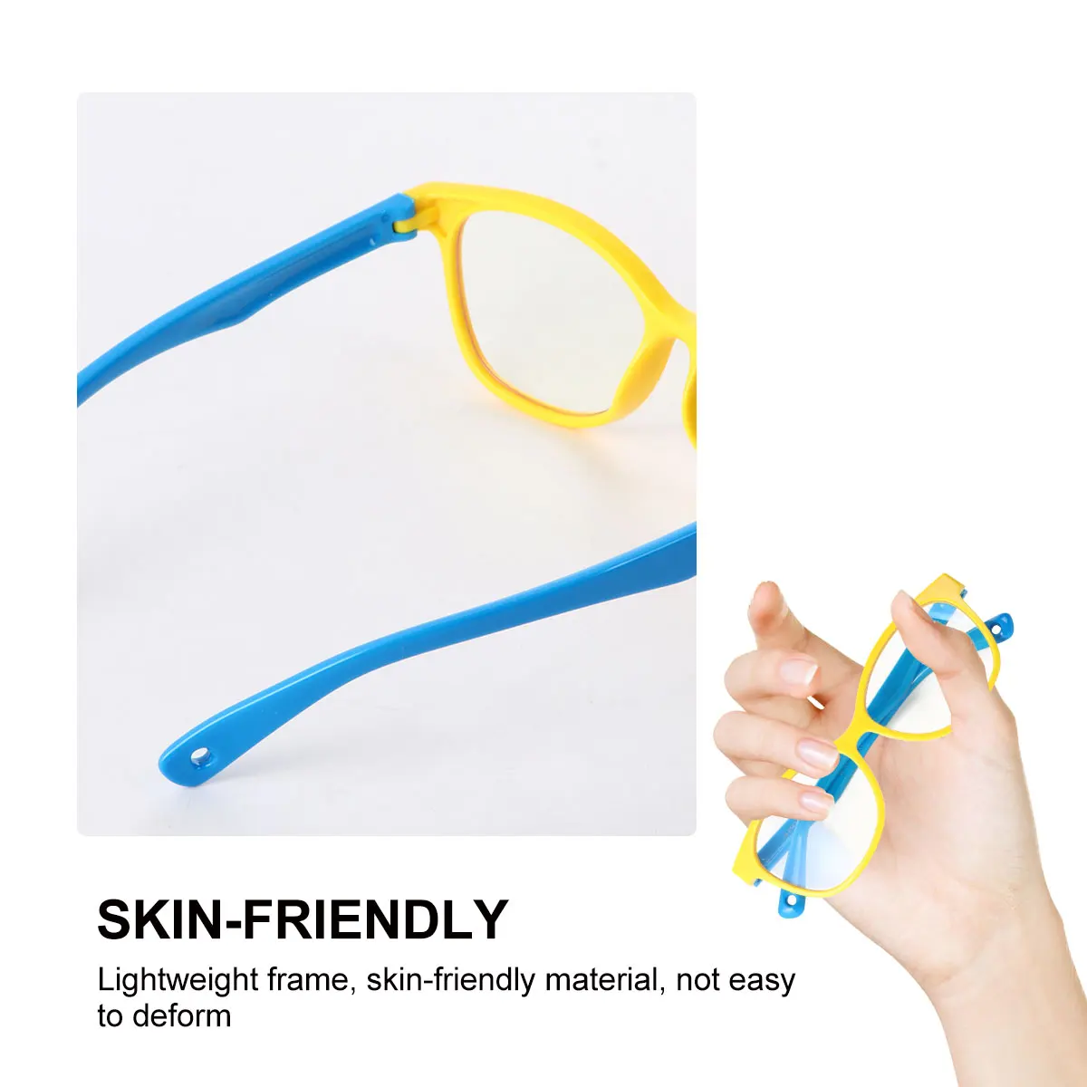 

Anti-Blue Light Glasses Children Flat Lens Yellow Frame Blue Leg Silicone Protective Eyewear Box for School Office Kids Adults