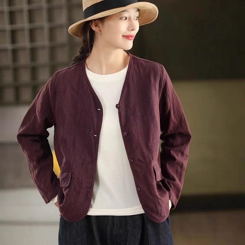 

100% льняные женские повседневные пальто с длинным рукавом, Новое поступление, осень 2022, винтажный стиль, однотонные женские базовые куртки с v-образным вырезом, T773