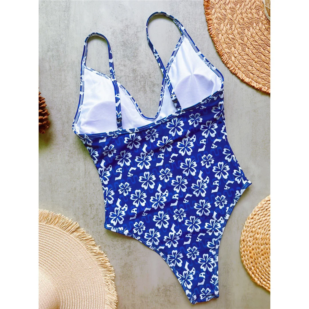 Sexy, mit Blumenmuster bedruckter, einteiliger Badeanzug mit V-Ausschnitt für Damen, rückenfreies Design, hoher Beinausschnitt, gepolstert, Badebekleidung, Badeanzug, Modell V8450. – Detail 7