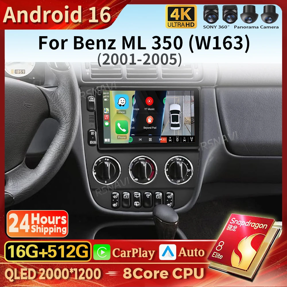 Qualcomm 16G-512G Android 16 Carplay Auto Car Radio Multimedia Player For Mercedes Benz M-Class W163 ML 1997 - 2005 Stereo BT