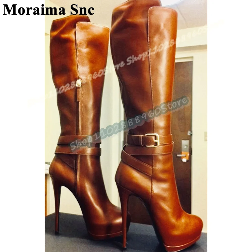 

Knee High Brown Leather Buckle Strap Platform Boots Stilettos High Heel Women Shoes Side Zipper Pointed Toe Casual Fashion Boots