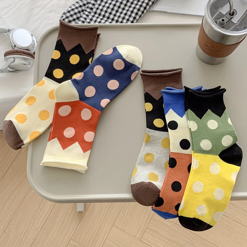 

5 Pairs Cotton Mid-Calf School Socks for Girls Cartoon Polka Dots Women's Long Socks Fashion High Sock High Quality Hosiery 2025