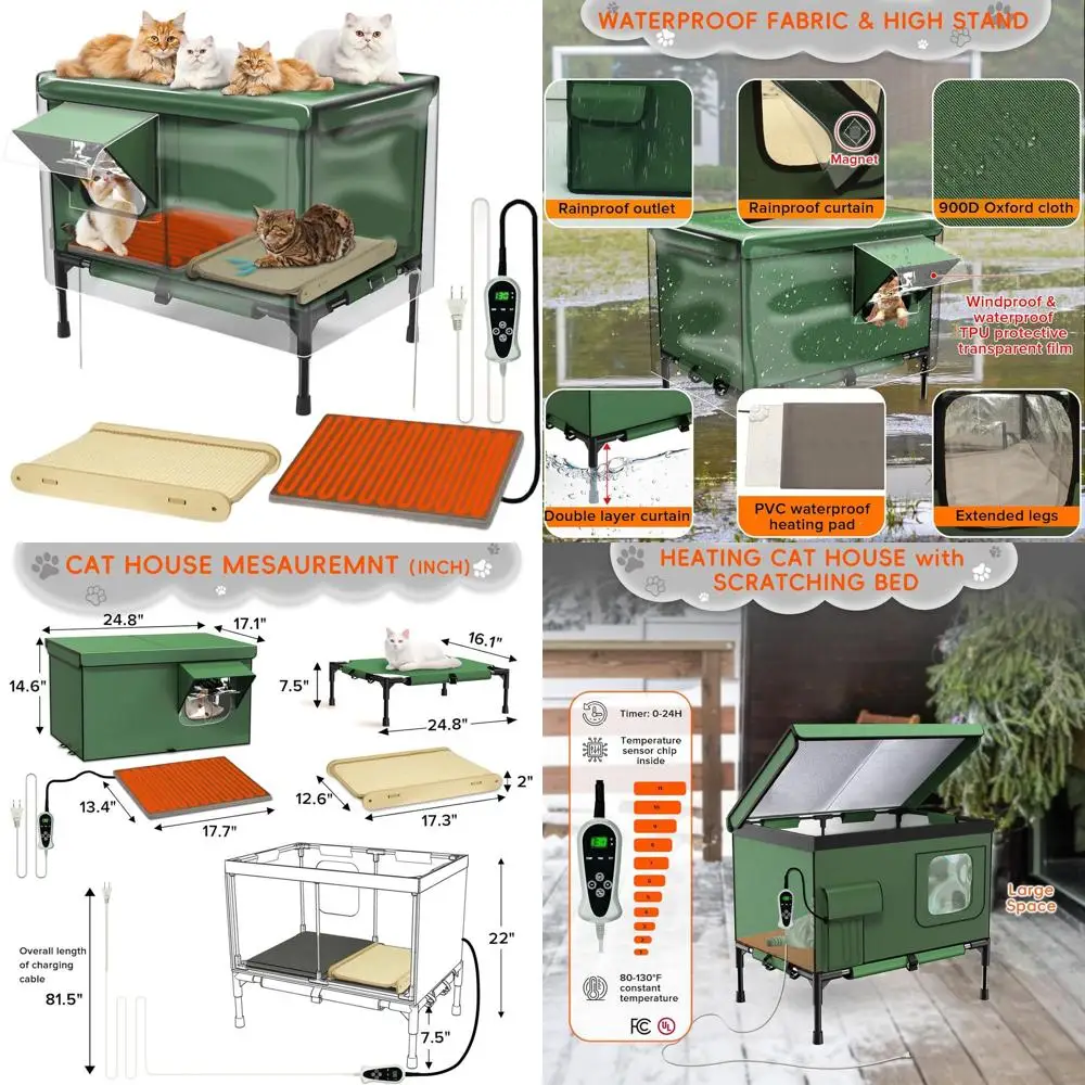 

Всепогодный утепленный домик для кошек 4-в-1 с лежанкой для когтетрещения, приподнятой лежанкой и водонепроницаемым чехлом