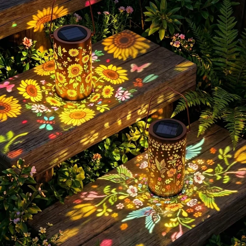 Colorful Sunflower Hummingbird Solar Powered Lights Metal Hanging Projection Lantern for Outside Table Garden Patio Yard Decor