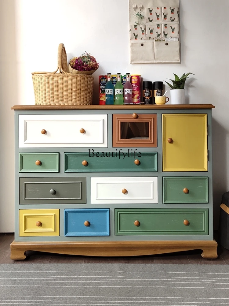 

American solid wood Mediterranean style bedroom storage locker living room old side cabinet against the wall