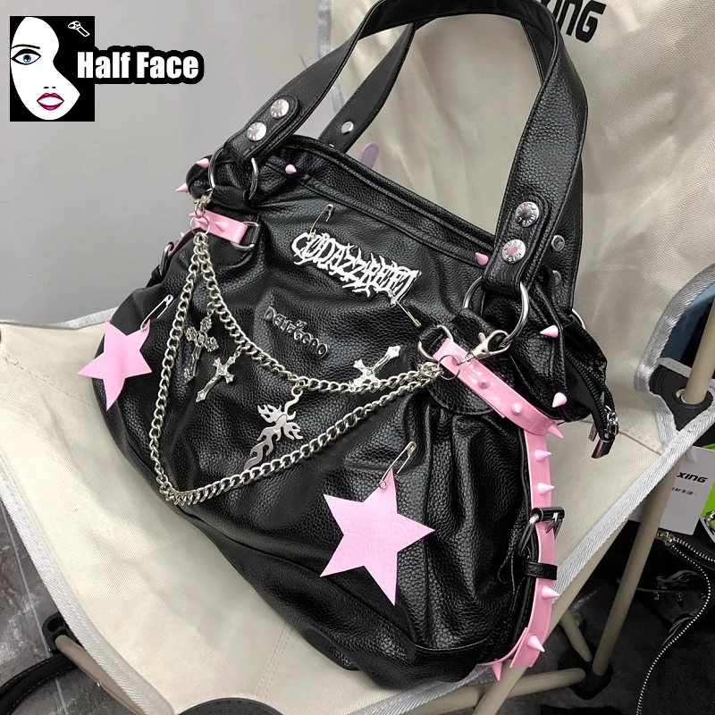 Y2K Girls Harajuku Gothic Underarm Handbag Rivet High Capacity Bag Street Lolita Star Chain One Shoulder Punk Women’s Bags Tote