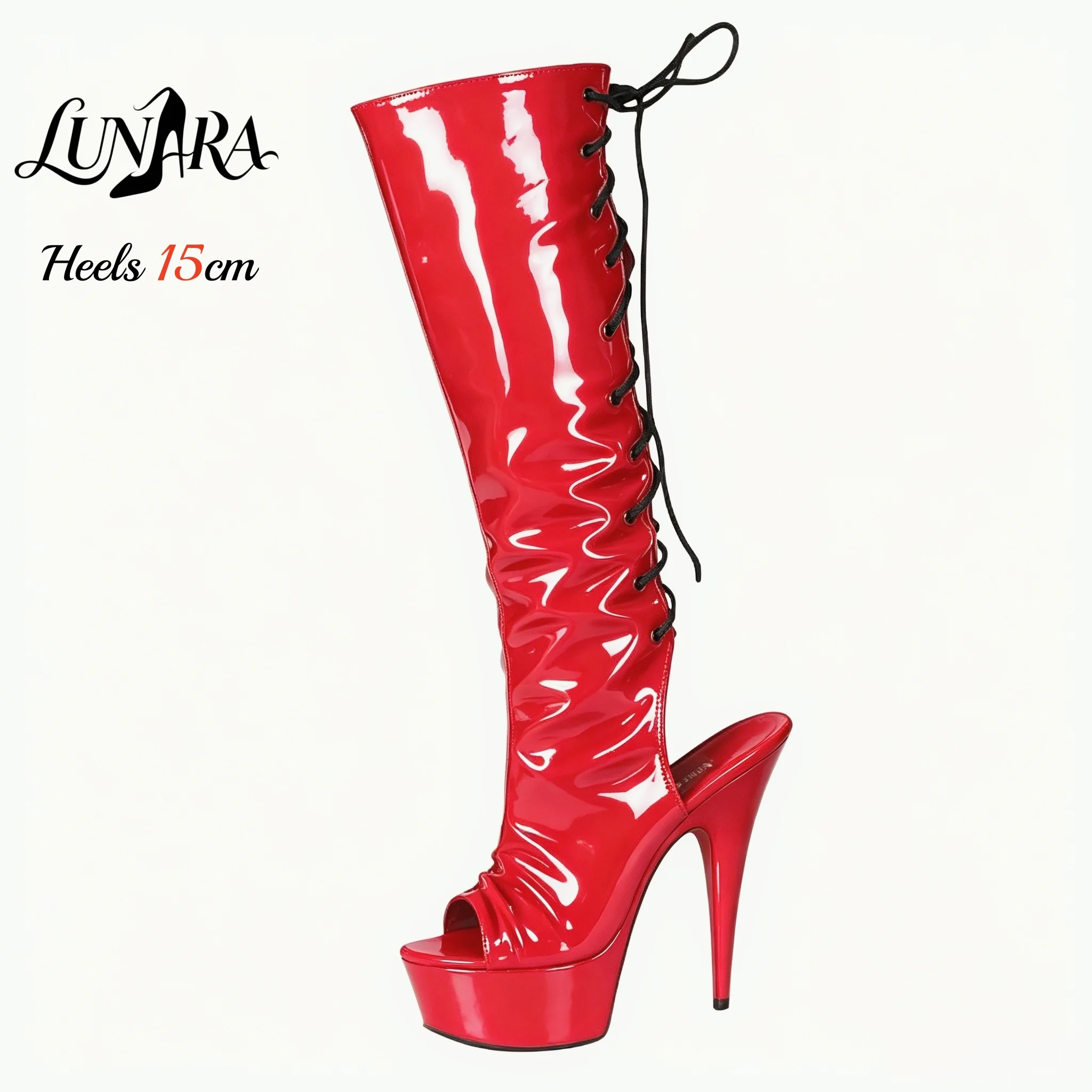 Womens 15cm/6Inch Red Patent Lace-up Zipper Open toe Backless Platform Stiletto Mid-calf Exotic Stripper Pole dance Club