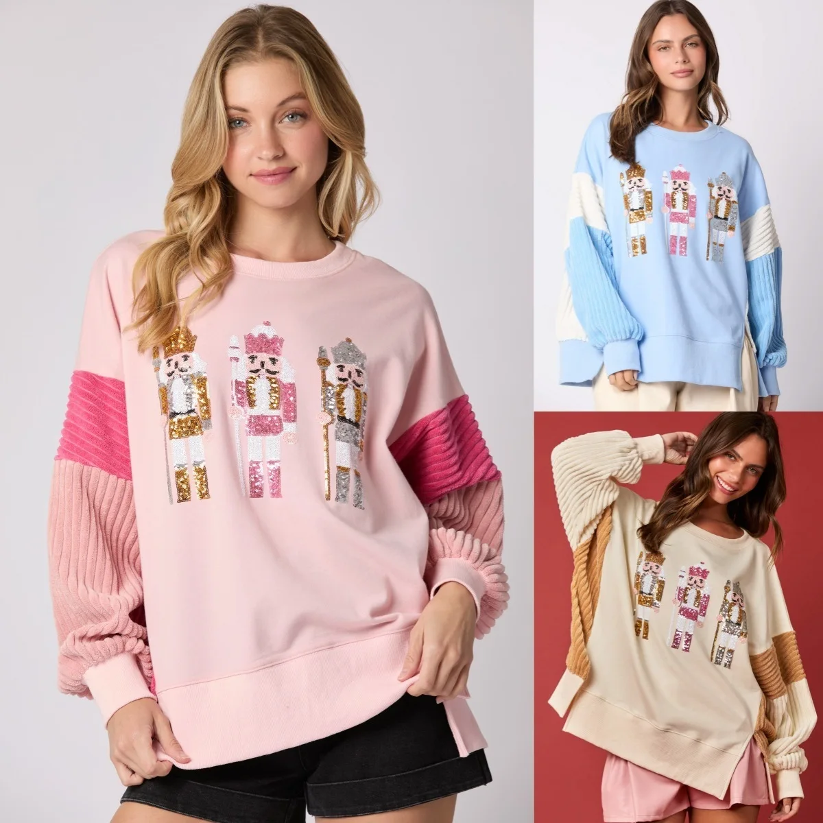 Women'S Christmas Nutcracker Sweatshirt Pullover 2025 New Year Wear Sequins Versatile Top Cartoon Soldier Pink Sweater For Women