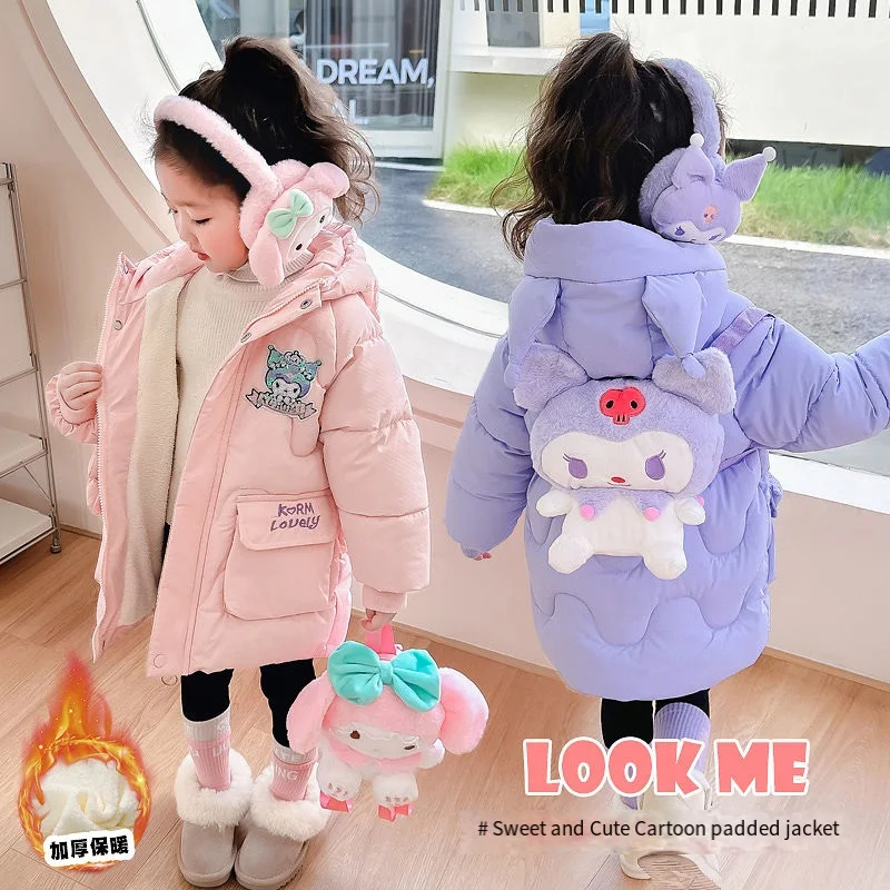 Kawaii Anime Sanrioed Kuromi Children Padded Jacket My Melody Girls Fashion Plush Jacket Warm Thicken Cute Winter Padded Clothes