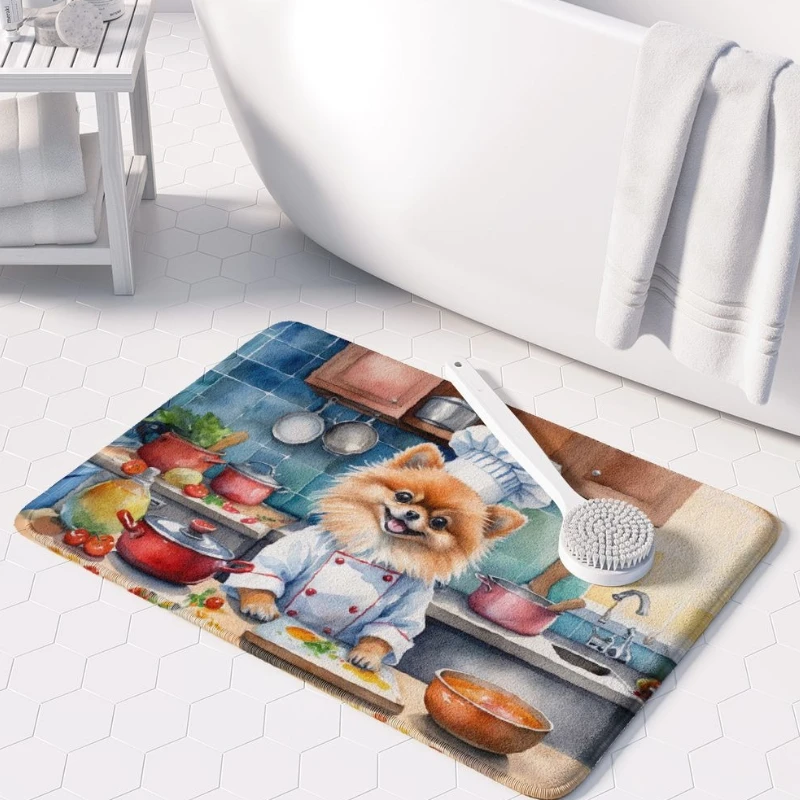 

Pomeranian The Chef Memory Foam Kitchen Mat Machine Washable Anti Fatigue Non Slip Coral Fleece Bath Rug Gift Collectible