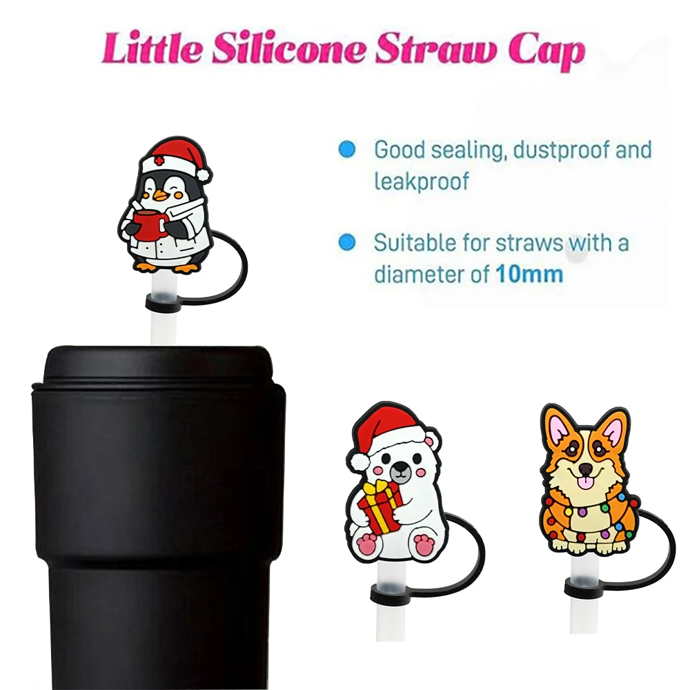 1-17pcs New Christmas Animal Cartoon Straw Covers For 10mm Dustproof Straw Topper Drinkware Plug Reusable DIY Xmas Party Decor