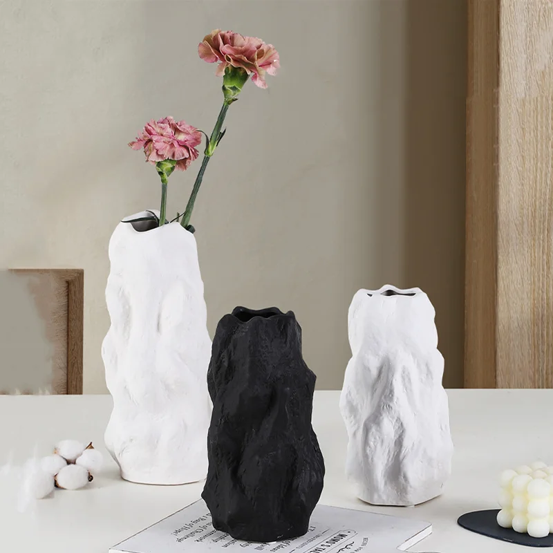 

Ceramic Vase Irregular Rock Shape Black and White Flower Arrangement Plain Glazed Porcelain Home Decoration Vases Pots