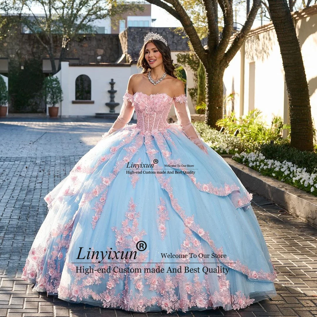 Vestido de princesa azul de lujo para niña, traje de Quinceañera, lazo, mariposa, apliques, cuentas, fiesta de cumpleaños, 2024