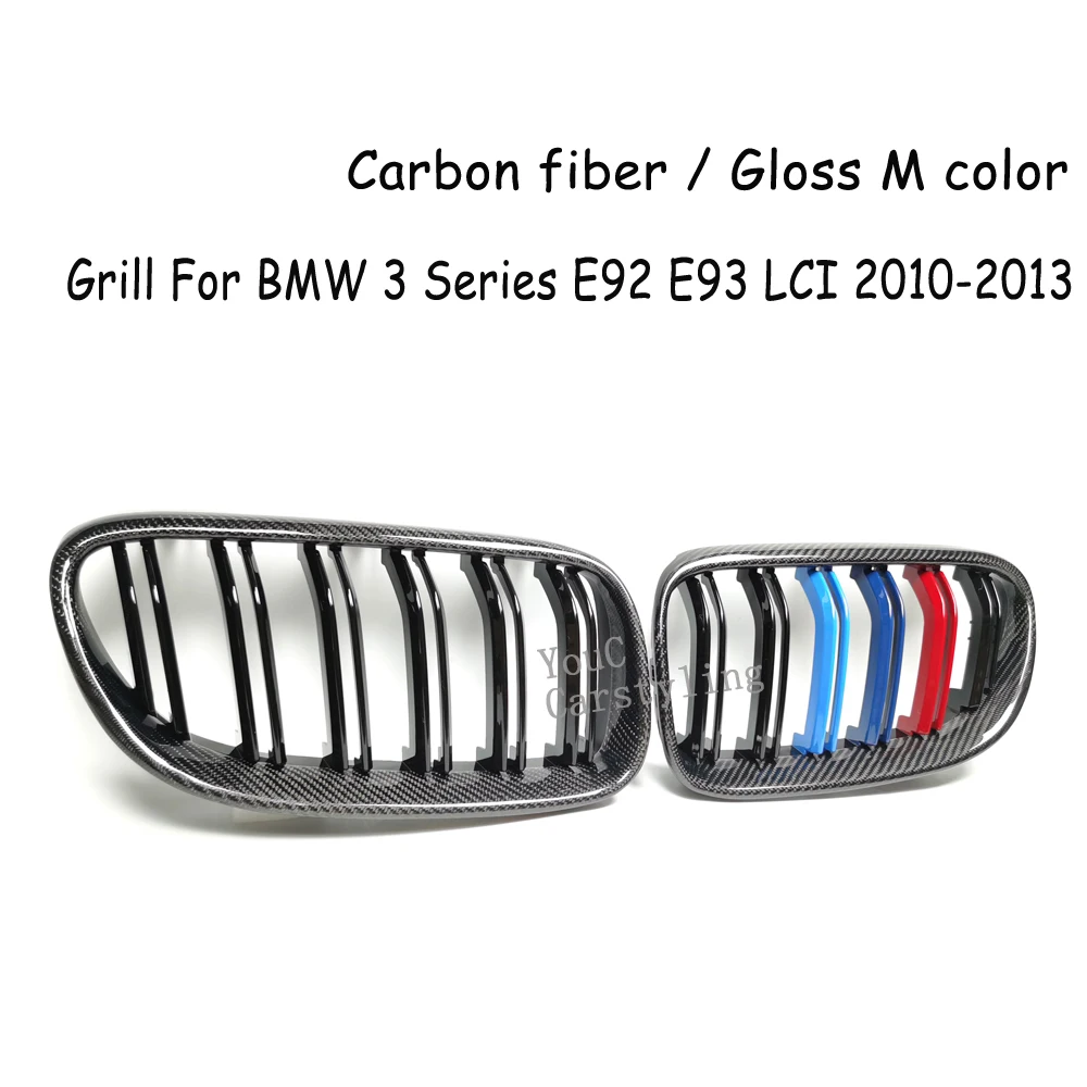 E92 Carbon Fiber Double Line M Color Front Bumper Kidney Grille For BMW E92 E93 3-Series Coupe Convertible 2006-2009 2010-2013