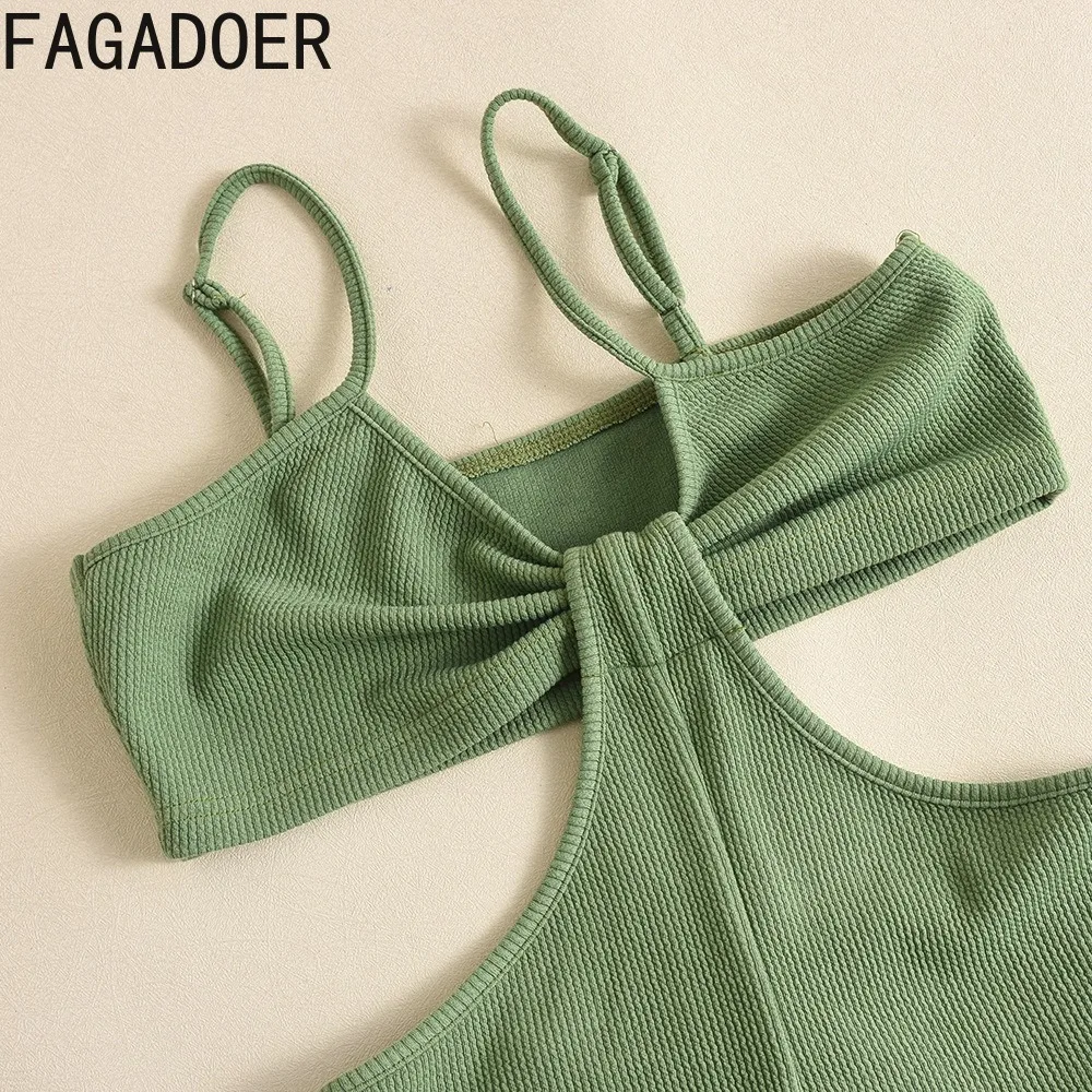 FAGADOER Green Sexy Solid Hollow Ribber One Pieces Jumpsuits Women Deep V Thin Strap Sleeveless Backless Straight Playsuits 2024