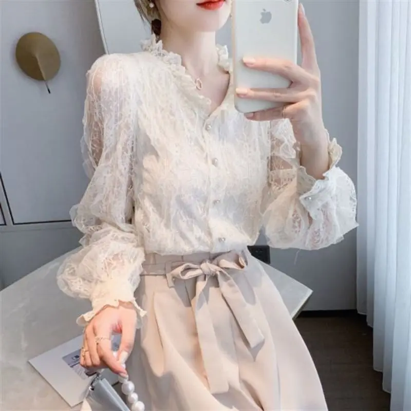 Spring Autumn French V Neck Lace Shirt Top Women\'s Long-sleeved Chiffon Cardigan Bottoming Blouse S-3XL