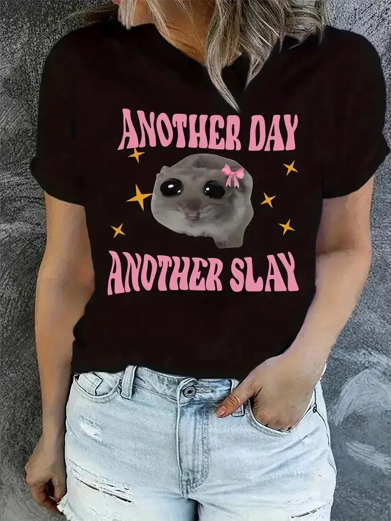 Whimsical sad hamster print crewneck T-shirt casual top for women is the perfect spring/summer fashion T-shirt for women