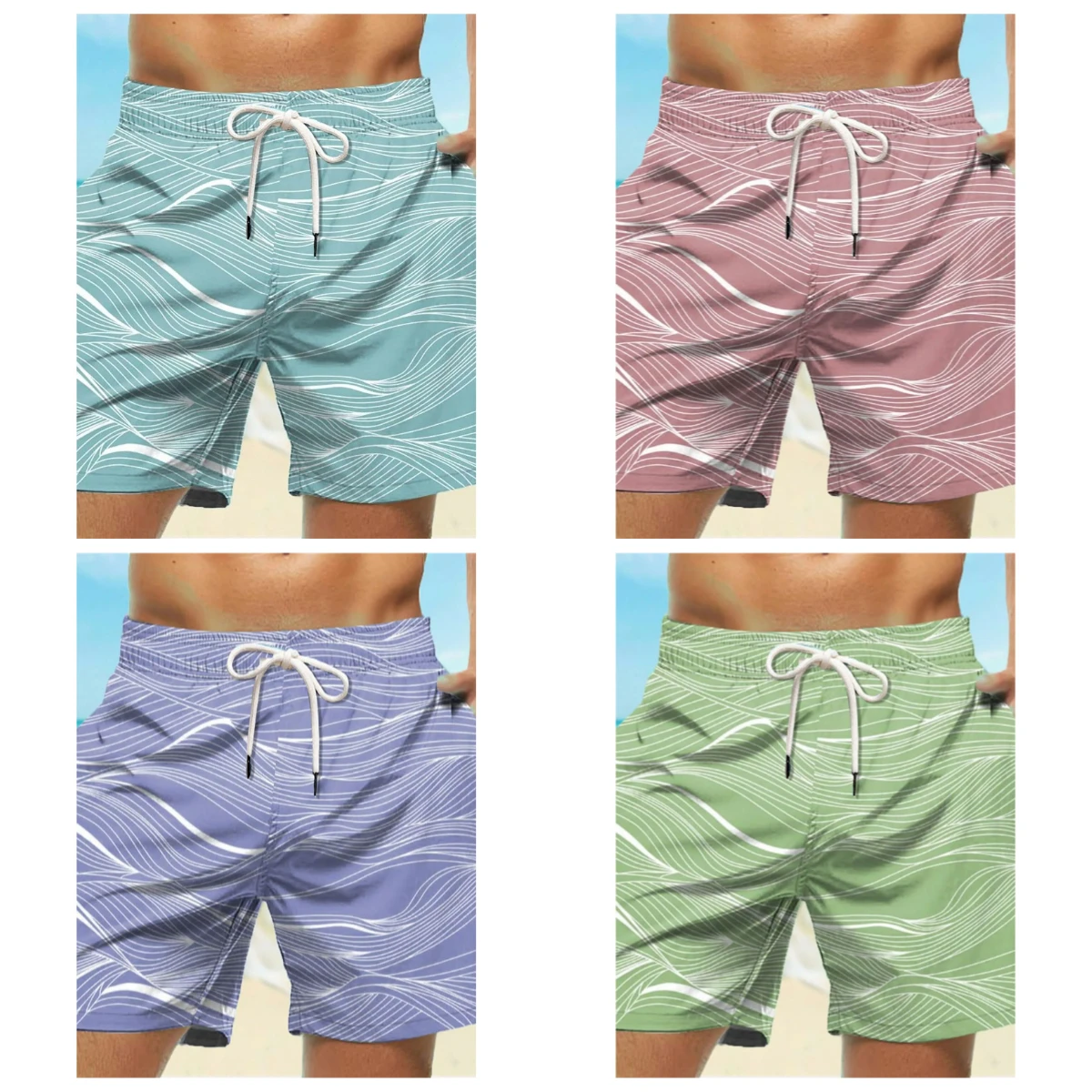 

Curved Stripe Graphic Swim Trunks for Men Fashion 3D Print Short Pants Summer Holiday Hawaiian Drawstring Quick Dry Board Shorts
