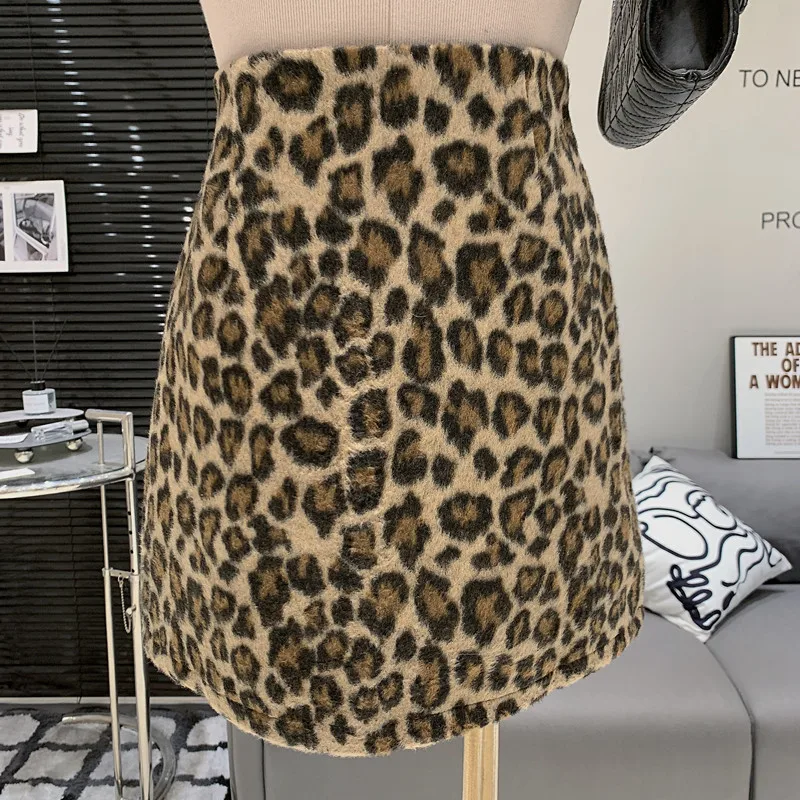 Girl Retro high waisted leopard print slim fit A-line hip Wrap skirt for women