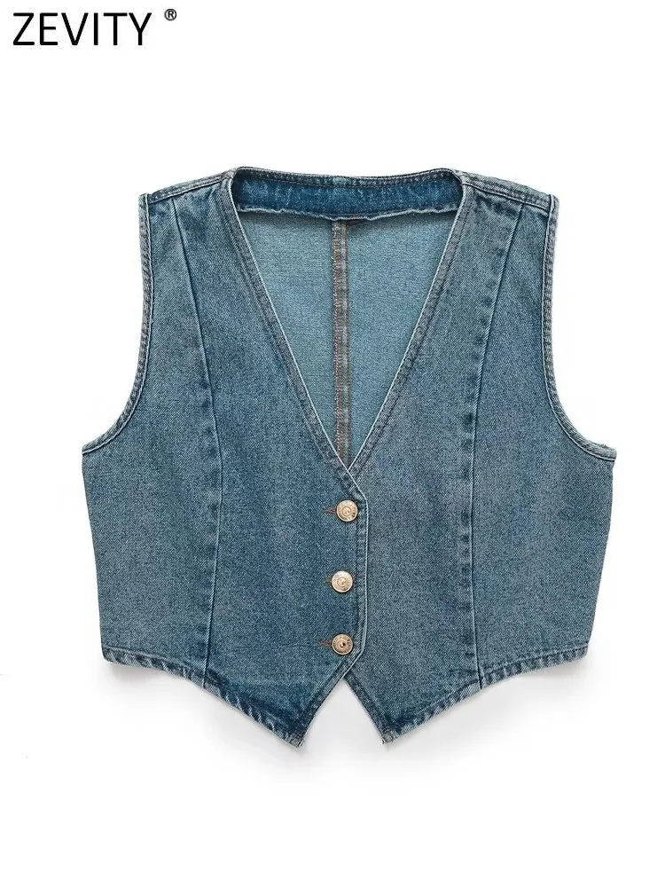 

Zevity New Women Euro V Neck Sleeveless Short Denim Vest Jacket Ladies Retro Single Breasted Cardigan WaistCoat Crop Tops CT6262