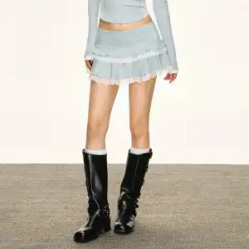 Women Lace Ruffle Two Piece Outfit Long Sleeve Crop Top Mini Skirt Sweet Casual Autumn Suit S-XL