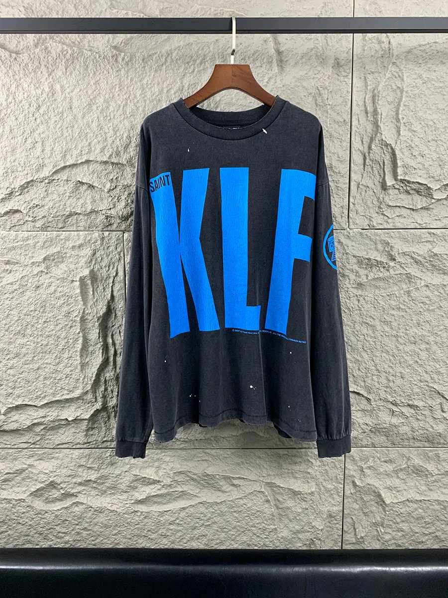 

Ретро-футболка оверсайз из плотного хлопка с принтом и надписями KLF, дышащая, повседневная
