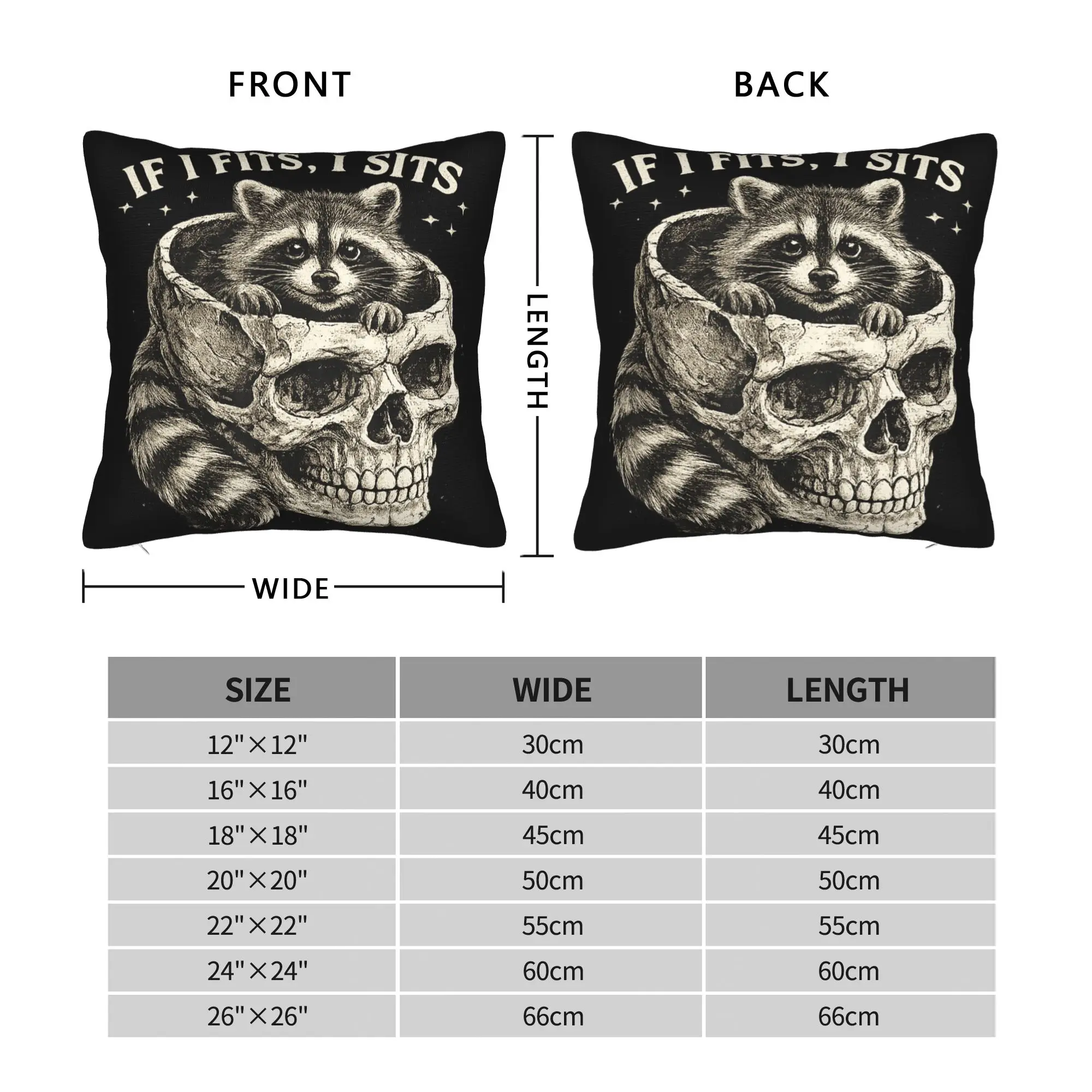 If I Fits I Sits Racoon Skull Gothic Dark Humor Style Pillow Case  Vintage Pillow Cover Soft Pillowcases For Car Home Decor