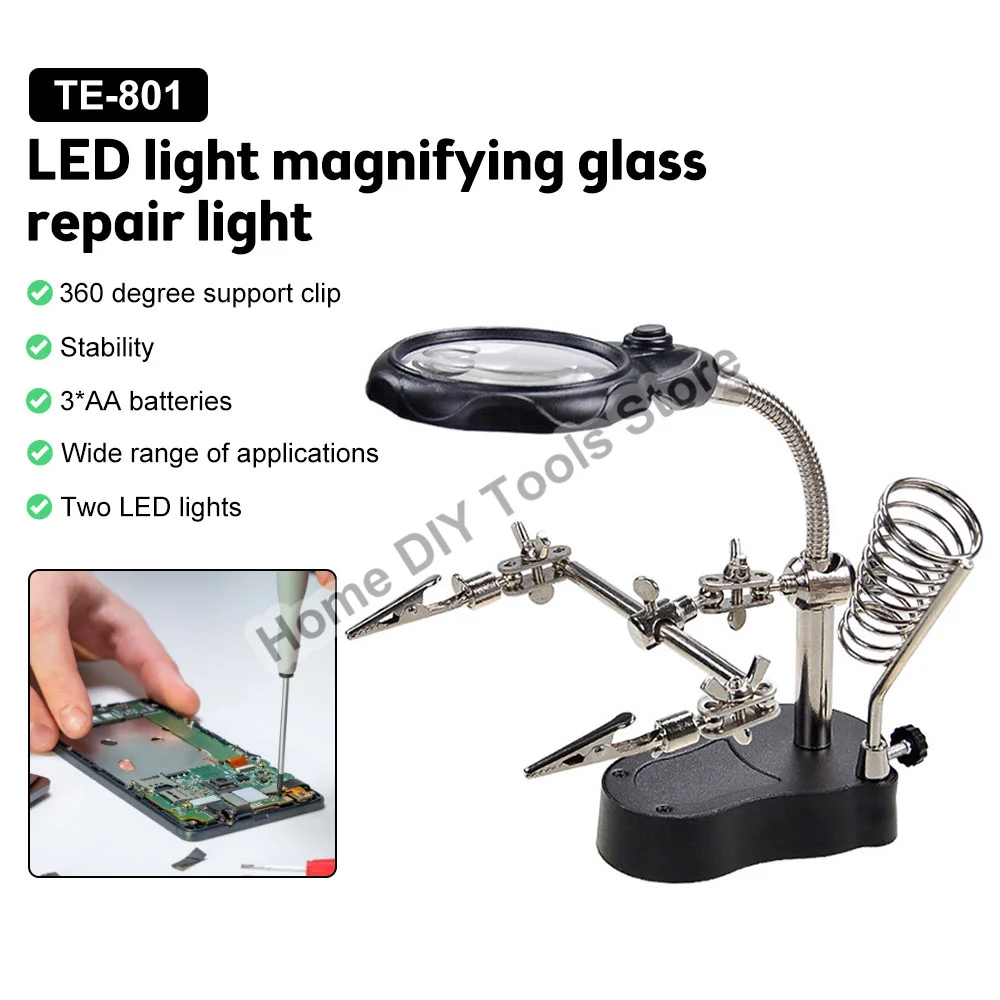 Welding Magnifying Glass with LED Light 2.5X-5X Lens Auxiliary Clip Loupe Desktop Magnifier Third Hand DIY Soldering Repair Tool