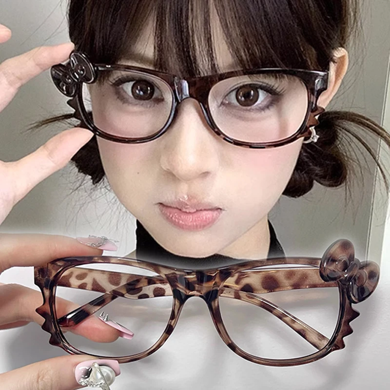 Y2K Hello Kitty Eyeglass Frame Anime Leopard Print Eyeglass Frame Kawaii Retro Glasses Cartoon Cute Eyewear Decorative Toys Gift