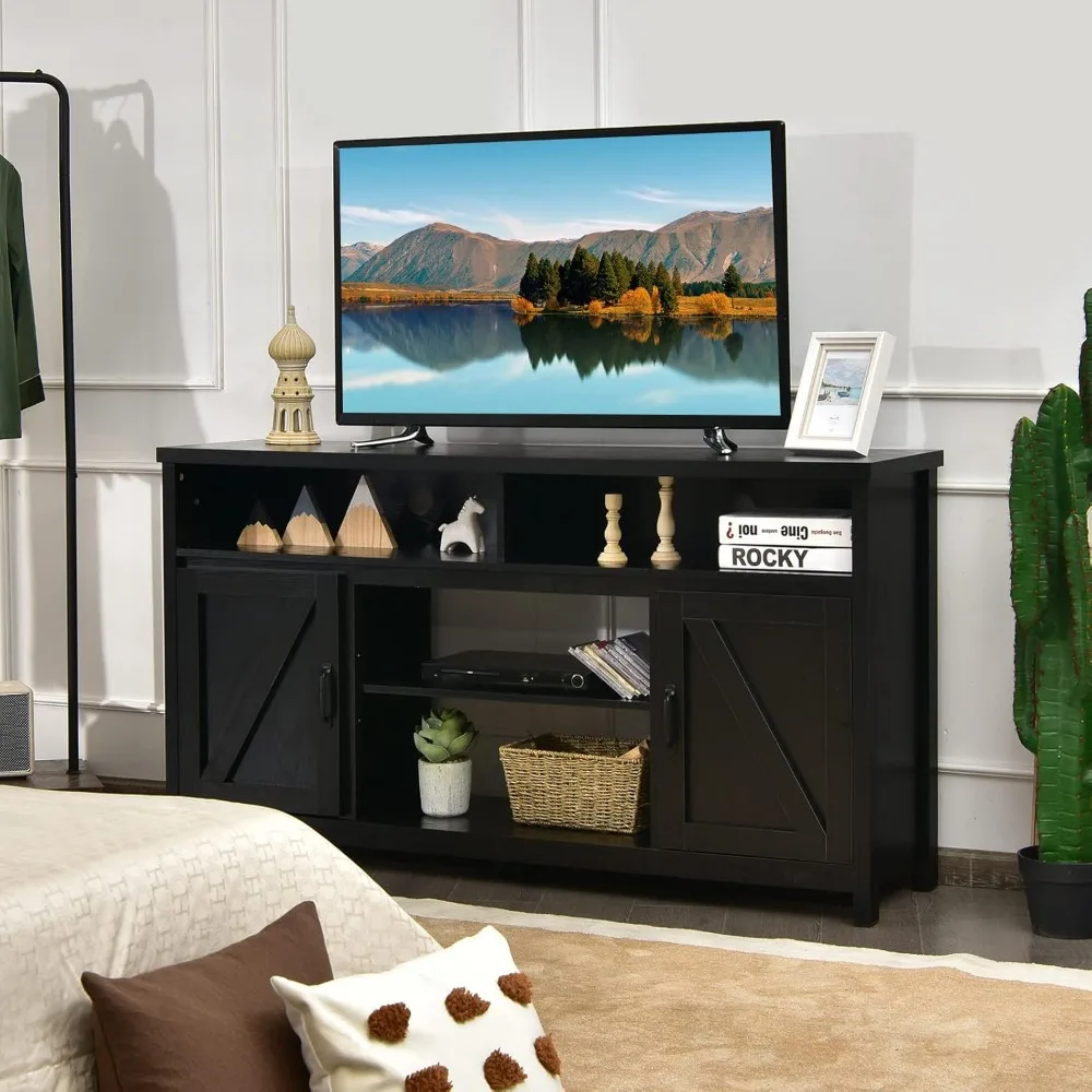 TV Stand with Double Barn Doors, 59 inch TV Storage Cabinet for TVs Up to 65 Inches, Adjustable Shelves, Center Console Table