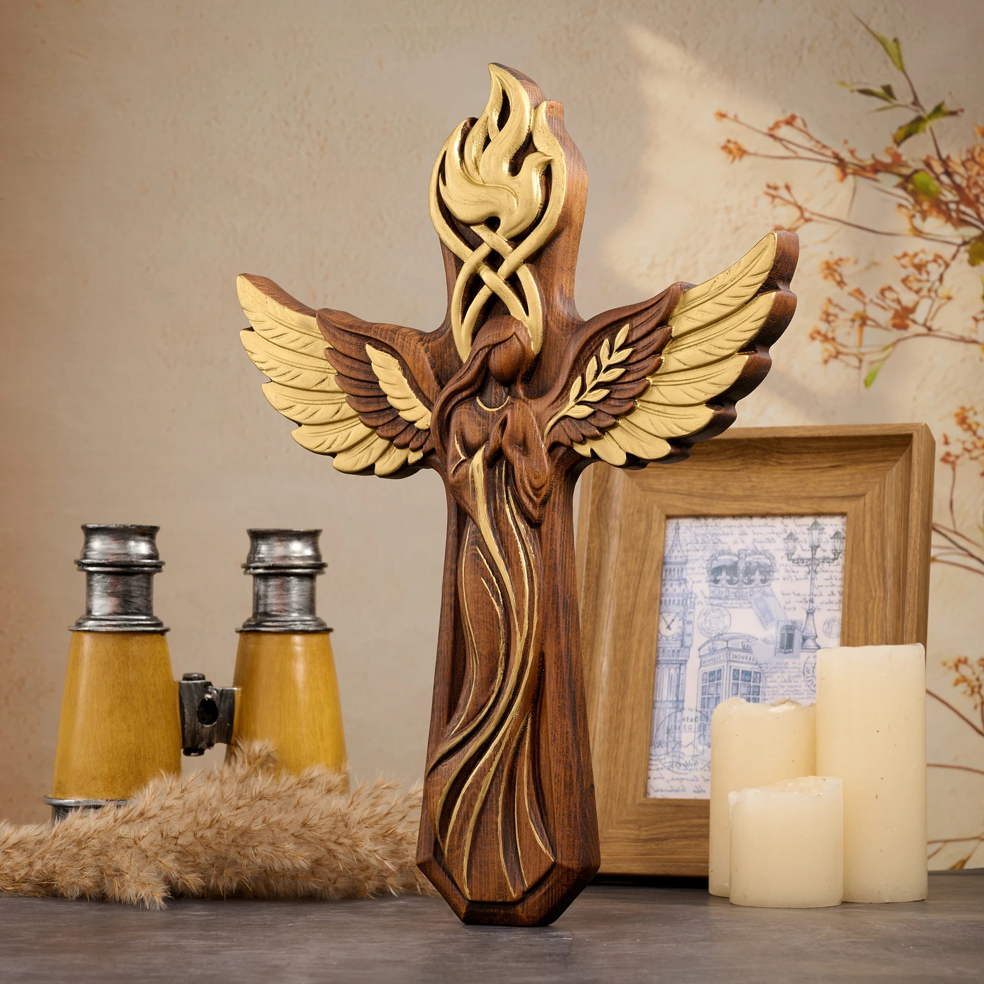 Wooden Angel Wall Cross Hand‑Carved Praying Angel with Golden Wings Holy Spirit Dove Religious Wall Hanging Decor Catholic Chris