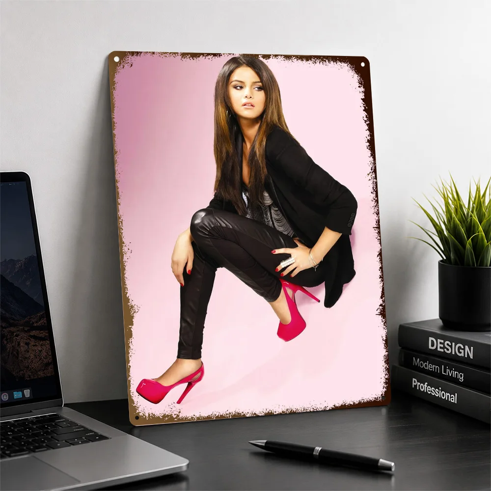 Selena Gomez In Black And Pink Fashion Printed Poster Personalized Aluminum Metal Sign Pop Star Tribute Wall Art Bedroom Decor