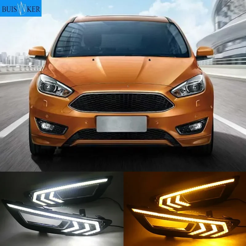 

2PCS For Ford Focus 3 mk3 2015 2016 2017 2018 LED DRL daytime running lights daylight with Yellow signal fog lamp