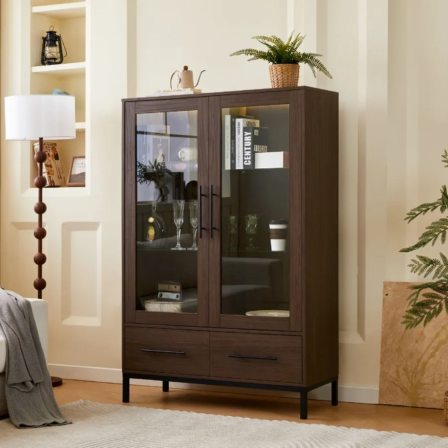 

60'' Tall Display Cabinet with Tempered Glass Door LED Lighting Two Drawers Modern Style Storage Cabinet for Living Room Office