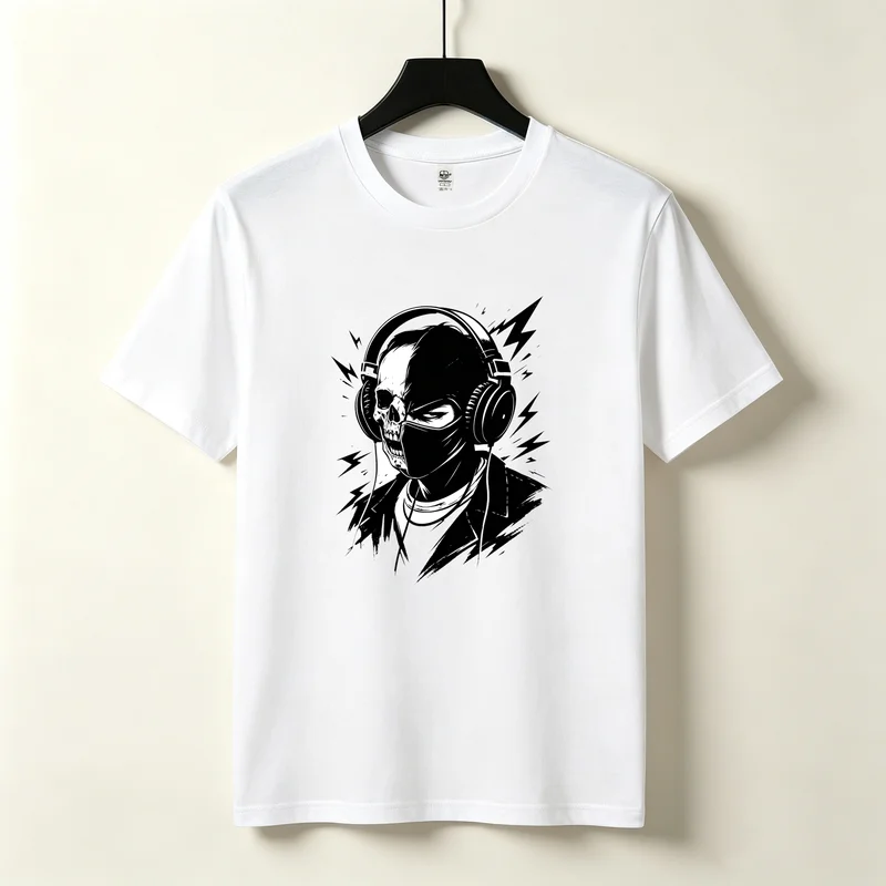 Women Skeleton Headphones T-Shirt Rock Music Black White Lightning Print Short Sleeve Casual Streetwear Summer Cotton Tee Top
