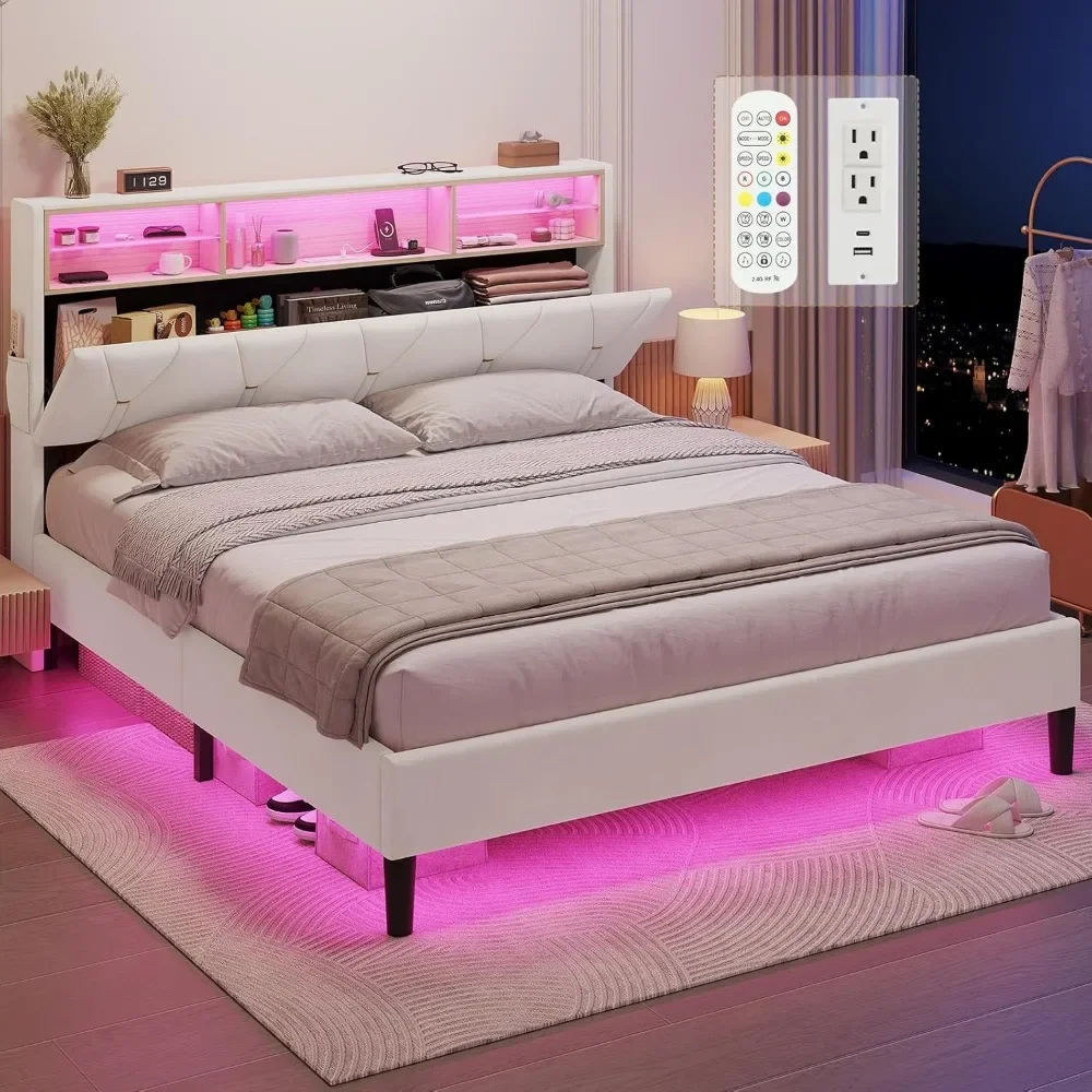 Queen Bed Frame with Storage Headboard and RGB LED Lights, Type-C & USB Charging Station, Velet Upholstered Platform Bed