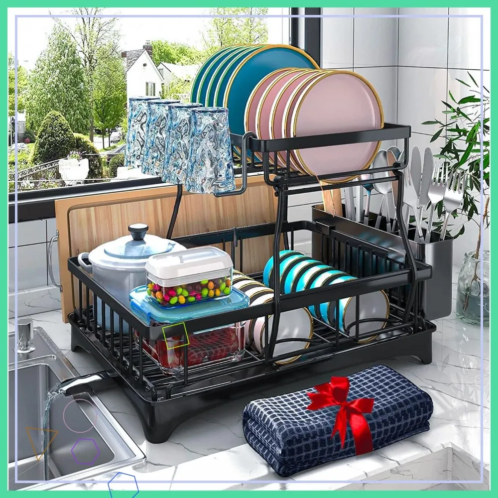 

2-Tier Dish Drying Rack with Auto-Drain, Knife & Cup Holder, Kitchen Counter Organizer for Women and Mothers Day Gifts