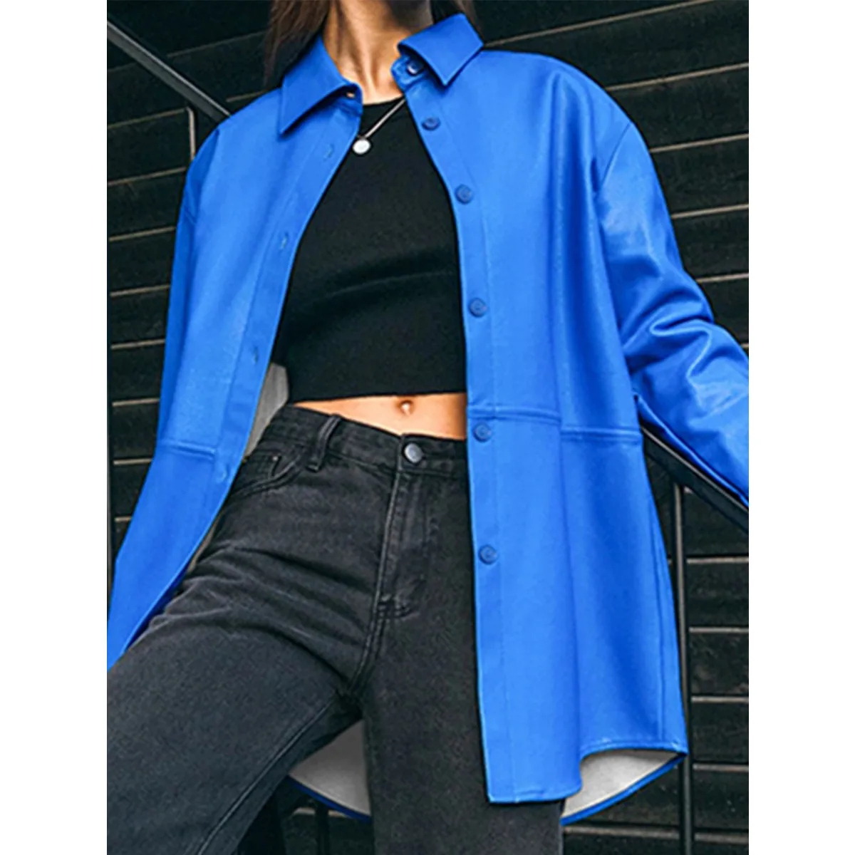 Women Spring Autumn Sexy Blue Fashion Leather Jacket Chic Long Sleeve PU Shirt Outwears Blouses New In Jackets Coat Biker Jacket