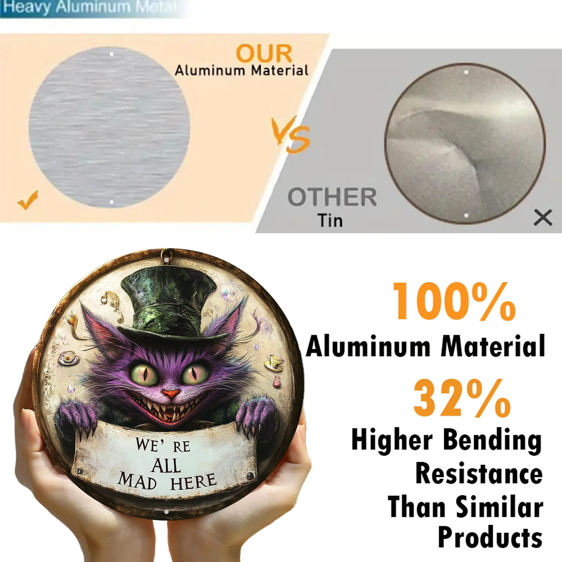 [2D Flat] 1pc Cheshire Cat Whimsical Metal Wall Art - Vintage Round Aluminum Sign with "We're All Mad Here" Design, Purple Creat view 3