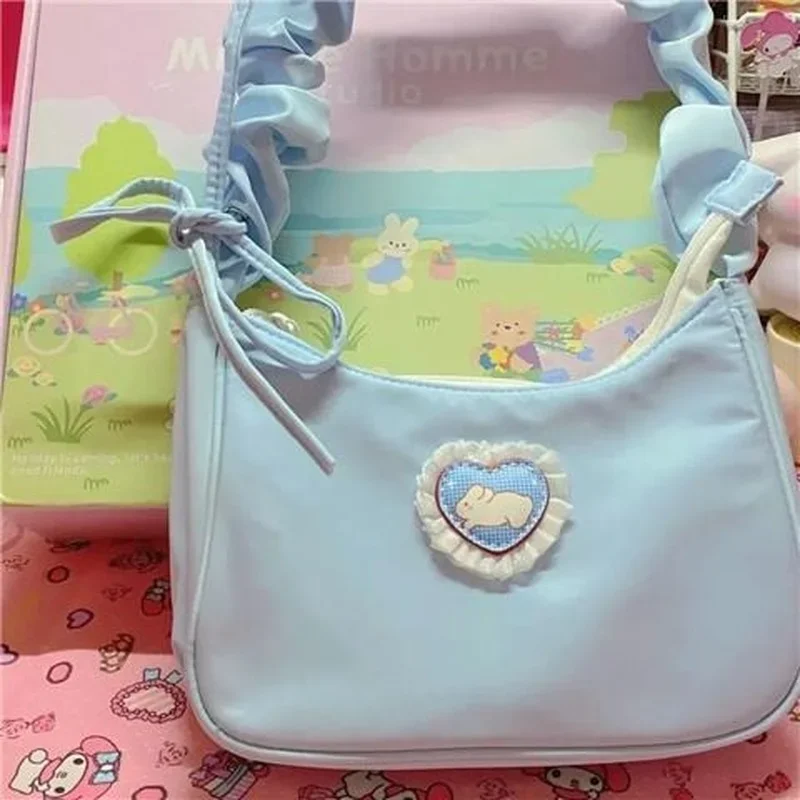 Shoulder Bags Women Nylon Cartoon Rabbit Sweet Lovely Girls All-match Pleated Strap Lace Underarm Zipper Fashion Brand Ins Retro