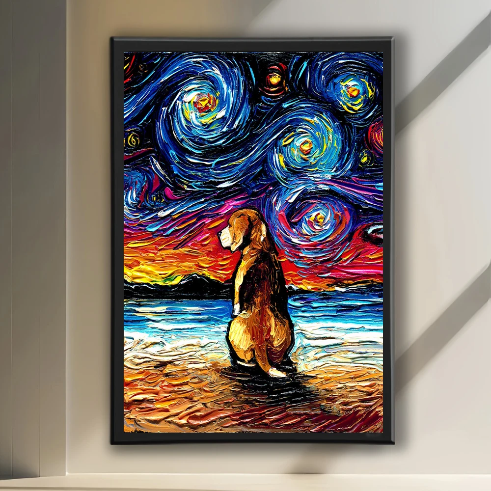 Dog Starry Night Beagle,Art Print,Dog Starry Night Theme, Poster, Wall Art Painting, Wall Decoration, Room Wall Decoration Pain