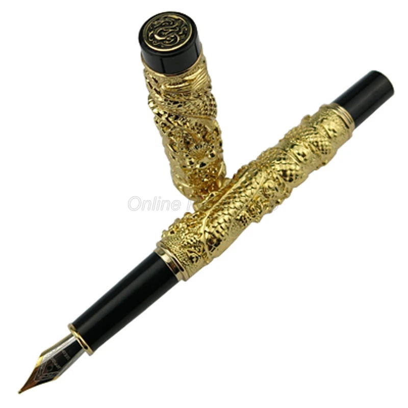 Jinhao Golden Double Dragon Playing Pearl Embossing Medium Nib Fountain Pen Gold Trim Professional Office Stationery