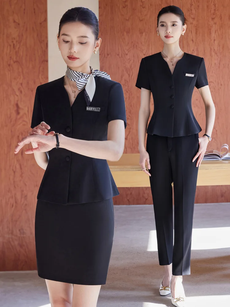 Women's professional suit set for summer, short-sleeved workwear for hotel receptionists, formal attire for beauty salon technic