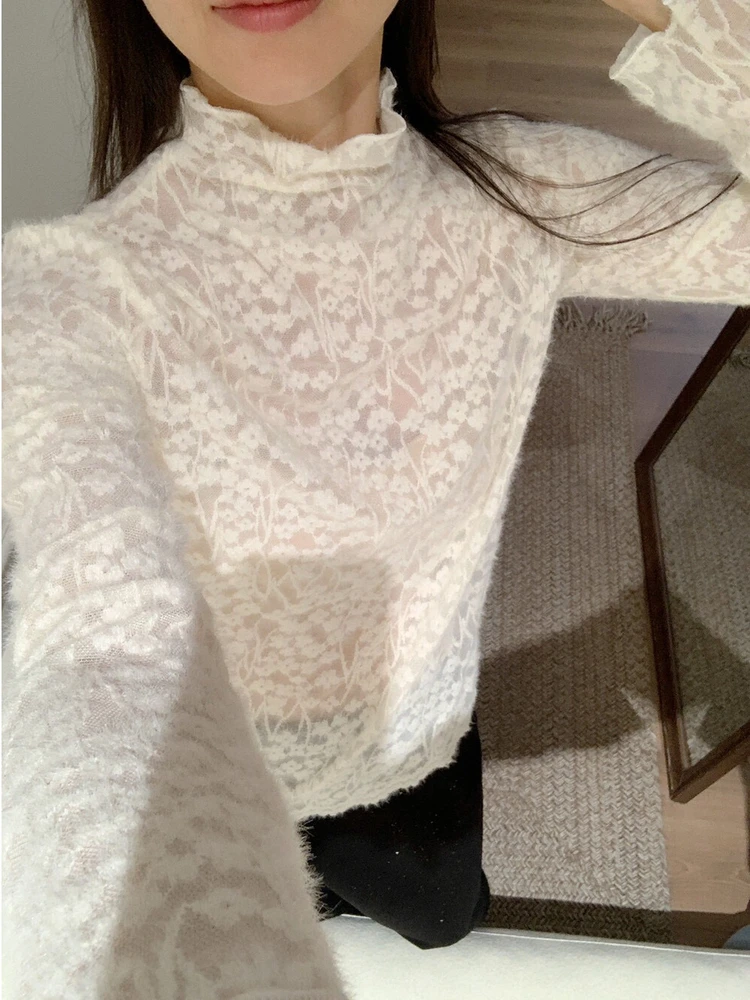 تي شيرت نسائي مطرز بالدانتيل وياقة عالية من Ele، ملابس داخلية عصرية لموسم الخريف والشتاء من ألياف البوليستر