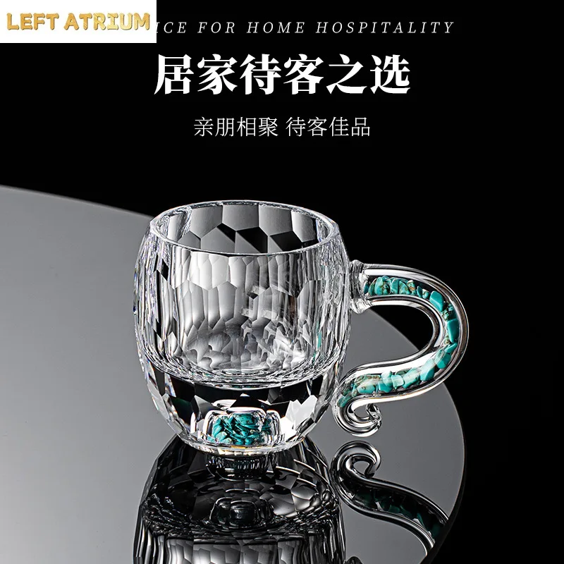 High-grade turquoise teacup women's thickened faceted high-value office teacup crystal glass teacup tea cup