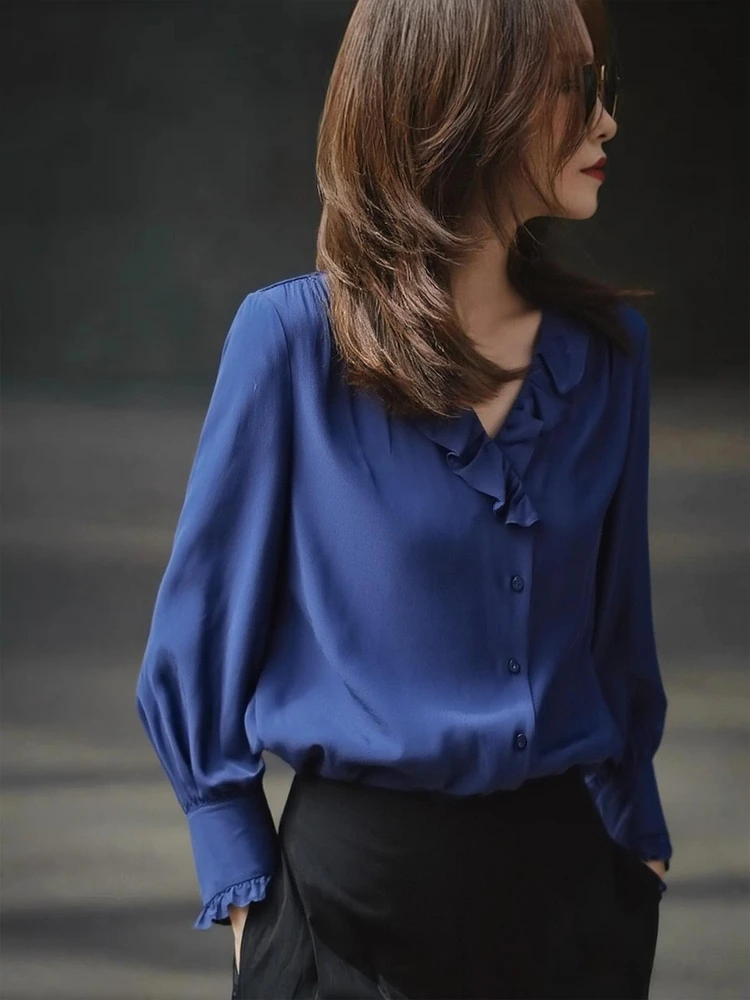 

Klein Blue Long Sve irt Women's Autumn Winter Single Wear V Ne Tagl Loose Fit Regular Length Single Button Closure